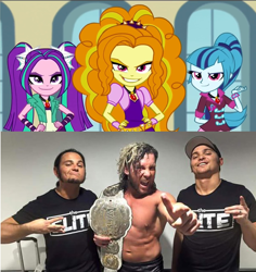 Size: 4144x4392 | Tagged: safe, imported from derpibooru, adagio dazzle, aria blaze, sonata dusk, equestria girls, absurd resolution, irl, kenny omega, matt jackson, nick jackson, njpw, photo, sports, the dazzlings, the elite, the young bucks, wrestling