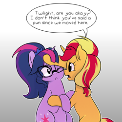 Size: 1000x1000 | Tagged: safe, artist:little-tweenframes, deleted from derpibooru, imported from derpibooru, sci-twi, sunset shimmer, twilight sparkle, pony, unicorn, female, glasses, lesbian, mare, ponified, pregnant, scitwishimmer, shipping, simple background, sunsetsparkle