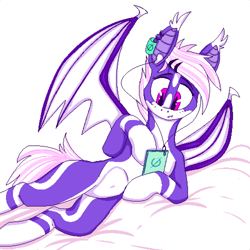 Size: 4000x4000 | Tagged: safe, artist:ivanmidnight, artist:midnightflight, imported from derpibooru, oc, oc only, oc:midnight flight, bat pony, pony, bed, female, music player