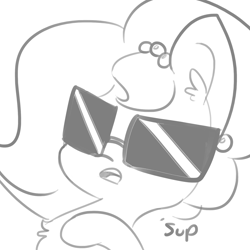 Size: 1650x1650 | Tagged: safe, artist:tjpones, imported from derpibooru, oc, oc only, oc:brownie bun, earth pony, pony, horse wife, bust, chest fluff, dialogue, ear fluff, grayscale, monochrome, simple background, solo, sunglasses, swag, white background