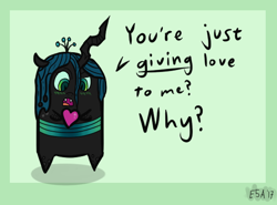 Size: 536x396 | Tagged: safe, artist:evan555alpha, imported from derpibooru, queen chrysalis, blushing, chibi, confused, cute, cutealis, dialogue, female, heart, simple background, solo