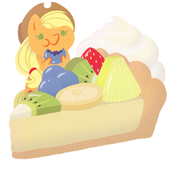 Size: 1600x1600 | Tagged: safe, artist:anzicorn, imported from derpibooru, applejack, earth pony, pony, chibi, eating, female, food, heresy, pie, simple background, solo, tiny, tiny ponies, transparent background