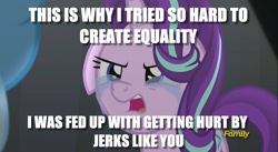 Size: 2535x1385 | Tagged: safe, edit, edited screencap, imported from derpibooru, screencap, starlight glimmer, pony, no second prances, bully, bullying, crying, floppy ears, image macro, meme, sad, that explains everything, upset, woobie