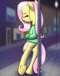 Size: 5000x6300 | Tagged: safe, artist:t.f.a.n.c.s., imported from derpibooru, fluttershy, pegasus, pony, semi-anthro, absurd resolution, bipedal, bipedal leaning, butt, clothes, earbuds, eyes closed, eyeshadow, female, lamppost, leaning, makeup, mare, mittens, night, plot, sidewalk, smiling, solo, street, sweater, underhoof