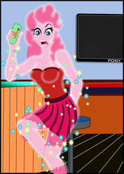 Size: 1801x2513 | Tagged: safe, artist:physicrodrigo, imported from derpibooru, part of a set, pinkie pie, human, llama, equestria girls, bar, breasts, busty pinkie pie, can, cleavage, clothes, dress, gasp, growth, human to anthro, magic, open mouth, part of a series, potion, solo, story in the comments, story in the source, surprised, television, transformation, transformation sequence, wool