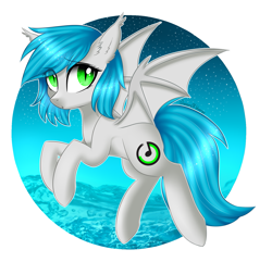 Size: 1605x1549 | Tagged: safe, artist:queenofsilvers, imported from derpibooru, oc, oc only, oc:lorris, oc:power note, oc:sister note, bat pony, pony, bat pony oc, commission, cute, fangs, female, green eyes, lorris, lorrismusic, mare, slit eyes, slit pupils, solo, starry night, stars