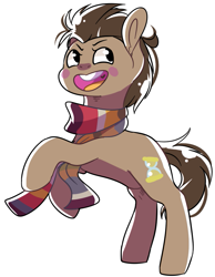 Size: 701x903 | Tagged: safe, artist:baldmoose, imported from derpibooru, doctor whooves, time turner, earth pony, pony, clothes, looking away, male, open mouth, rearing, scarf, simple background, smiling, solo, stallion, white background