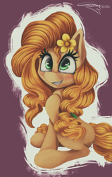 Size: 1200x1884 | Tagged: safe, artist:ferasor, imported from derpibooru, pear butter, earth pony, pony, the perfect pear, blushing, female, flower, flower in hair, mare, smiling, solo