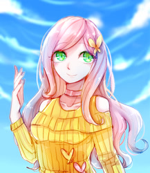 Size: 1300x1500 | Tagged: safe, artist:momocritcrucifix, imported from derpibooru, fluttershy, human, choker, clothes, cloud, female, hair accessory, humanized, long hair, looking away, sky, smiling, solo, sweater, sweatershy