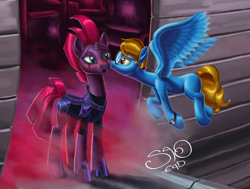 Size: 4098x3096 | Tagged: source needed, safe, artist:saoeqd, imported from derpibooru, tempest shadow, oc, oc:blaine, pegasus, pony, unicorn, my little pony: the movie, airship, armor, blushing, broken horn, canon x oc, cheek kiss, eye scar, female, flying, fog, glasses, kiss on the cheek, kissing, male, mare, open mouth, scar, spread wings, stallion, straight, watch, wings