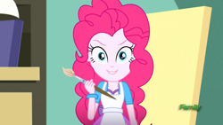 Size: 1280x720 | Tagged: safe, imported from derpibooru, screencap, pinkie pie, eqg summertime shorts, equestria girls, the art of friendship, >:), >:d, apron, bracelet, clothes, easel, evil grin, grin, happy, jewelry, paintbrush, smiling, smirk