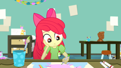 Size: 1280x720 | Tagged: safe, imported from derpibooru, screencap, apple bloom, eqg summertime shorts, equestria girls, the art of friendship, bow, drawing, female, marker, paintbrush, smiling, table