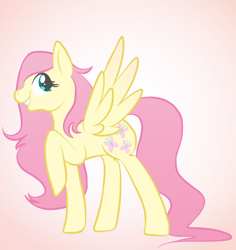 Size: 1700x1800 | Tagged: safe, artist:redarmies, imported from derpibooru, fluttershy, pony, alternate hairstyle, female, gradient background, looking at you, looking sideways, raised hoof, simple background, smiling, solo, spread wings, wings