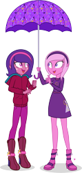 Size: 5463x11501 | Tagged: safe, artist:illumnious, imported from derpibooru, oc, oc only, oc:aura midnight, oc:flares midnight, equestria girls, absurd resolution, duo, female, looking at each other, simple background, smiling, transparent background, umbrella, vector