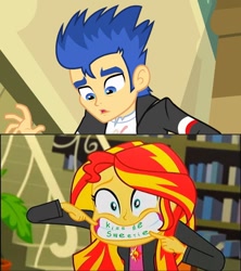 Size: 829x934 | Tagged: safe, edit, edited screencap, imported from derpibooru, screencap, flash sentry, sunset shimmer, epic fails (equestria girls), eqg summertime shorts, equestria girls, couple, female, flashimmer, library, male, parody, shipping, straight