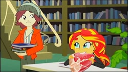 Size: 1083x617 | Tagged: safe, edit, edited screencap, imported from derpibooru, screencap, normal norman, sunset shimmer, epic fails (equestria girls), eqg summertime shorts, equestria girls, book, food, funny, library, meat, omnivore sunset, parody