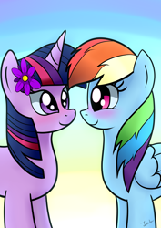 Size: 2480x3507 | Tagged: safe, artist:twidasher, imported from derpibooru, rainbow dash, twilight sparkle, pegasus, pony, unicorn, blushing, duo, female, flower, flower in hair, gradient background, lesbian, looking at each other, shipping, smiling, twidash, unicorn twilight