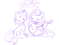 Size: 831x632 | Tagged: safe, artist:heart-of-stitches, imported from derpibooru, oc, oc only, alicorn, pony, unicorn, female, guitar, mare, monochrome, singing