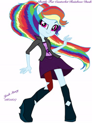 Size: 1536x2048 | Tagged: safe, artist:joshstacy, imported from derpibooru, rainbow dash, equestria girls, alternate clothes, alternate costumes, alternate hairstyle, alternate universe, boots, clothes, confident, cute, female, multicolored hair, ponytail, shoes, skirt, stockings, thigh highs