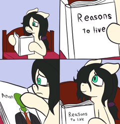 Size: 500x519 | Tagged: safe, artist:scraggleman, imported from derpibooru, oc, oc only, oc:anon, oc:floor bored, earth pony, pony, /mlp/, 4chan, bed, book, comic, female, mare, meme, reasons to live, smiling, solo