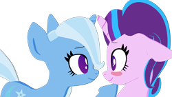 Size: 2560x1440 | Tagged: safe, artist:galawaille, imported from derpibooru, starlight glimmer, trixie, pony, unicorn, blushing, cute, duo, eye contact, female, glimmerbetes, lesbian, looking at each other, mare, shipping, simple background, startrix, transparent background
