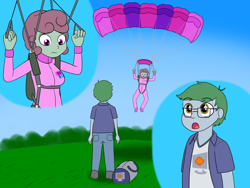Size: 2000x1500 | Tagged: safe, artist:phallen1, imported from derpibooru, oc, oc only, oc:software patch, oc:windcatcher, equestria girls, atg 2017, clothes, equestria girls-ified, idiot, impending collision, jumpsuit, newbie artist training grounds, parachute, patrick star, skydiving, sparkling eyes, sparkly eyes, spongebob squarepants, wingding eyes