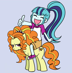Size: 3249x3304 | Tagged: safe, artist:megasweet, edit, imported from derpibooru, adagio dazzle, sonata dusk, pony, unicorn, equestria girls, cute, duo, equestria girls ponified, eyes closed, female, happy, humans riding ponies, koiwai yotsuba, looking at you, mare, open mouth, ponified, ponified siren, riding, simple background, sonata dusk riding adagio dazzle, sonatabetes, this will end in pain, unamused, yotsuba
