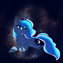 Size: 2560x2560 | Tagged: safe, artist:brokensilence, imported from derpibooru, princess luna, alicorn, pony, chest fluff, clothes, ethereal mane, eyeshadow, female, lying down, makeup, one eye closed, prone, simple background, socks, solo, space, striped socks, tongue out, wink