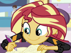 Size: 450x337 | Tagged: safe, imported from derpibooru, screencap, sunset shimmer, equestria girls, mirror magic, spoiler:eqg specials, animated, book, bopping shimmer, c:, cute, female, gif, happy, head shake, perfect loop, shimmerbetes, smiling, writing