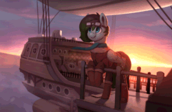 Size: 750x488 | Tagged: safe, artist:rodrigues404, imported from derpibooru, oc, oc only, oc:gryph xander, pegasus, pony, airship, animated, cinemagraph, clothes, commission, gif, goggles, male, scarf, ship, smiling, solo, stallion, sunset