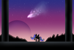 Size: 1845x1255 | Tagged: safe, artist:chiptunebrony, imported from derpibooru, nightmare moon, alicorn, pony, atg 2017, atmospheric, glowing eyes, mountain, newbie artist training grounds, night, night sky, pillar, planet, shooting star, silhouette, sky, space, temple