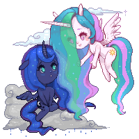 Size: 200x200 | Tagged: safe, artist:getanimated, imported from derpibooru, princess celestia, princess luna, alicorn, anthro, cheering up, chibi, cloud, comforting, cute, duo, female, flowy mane, lunabetes, pixel art, rain, simple background, sky, transparent background, wavy mane