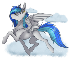 Size: 3000x2500 | Tagged: safe, artist:sunny way, imported from derpibooru, oc, oc only, oc:coldfire, pegasus, pony, chest fluff, cloud, colored, colored lineart, ear fluff, ear piercing, earring, eyes closed, fangs, female, flying, jewelry, piercing, rcf community, ring, simple shading, solo, walking, wings, ych result