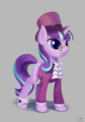 Size: 1618x2307 | Tagged: safe, artist:draconidsmxz, imported from derpibooru, snowfall frost, starlight glimmer, pony, unicorn, clothes, cute, female, glasses, glimmerbetes, hat, mare, simple background, smiling, solo, top hat