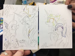 Size: 1024x768 | Tagged: safe, artist:andypriceart, imported from derpibooru, daybreaker, nightmare moon, princess celestia, princess luna, alicorn, pony, bronycon, bronycon 2017, andy you magnificent bastard, argument, colored pencil drawing, covering mouth, crown, dagger, female, grawlixes, horns are touching, implied vulgar, irony, jewelry, knife, lightning, mare, pencil drawing, regalia, role reversal, skull, traditional art, weapon, you got it backwards