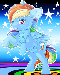 Size: 1596x1984 | Tagged: safe, artist:schokocream, imported from derpibooru, rainbow dash, pegasus, pony, backwards cutie mark, chest fluff, cute, dashabetes, female, mare, multicolored hair, one eye closed, open mouth, rearing, smiling, solo, wink