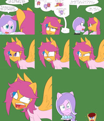 Size: 2400x2800 | Tagged: safe, artist:jake heritagu, imported from derpibooru, diamond tiara, scootaloo, oc, oc:lightning blitz, pegasus, pony, comic:ask motherly scootaloo, baby, baby pony, clothes, colt, comic, dialogue, dress, faic, green background, hairpin, male, motherly scootaloo, offspring, older, older scootaloo, parent:rain catcher, parent:scootaloo, parents:catcherloo, simple background, speech bubble, spread wings, wings