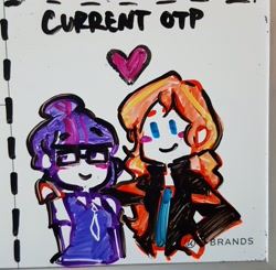 Size: 2424x2372 | Tagged: safe, artist:mlp-hearts, imported from derpibooru, sci-twi, sunset shimmer, twilight sparkle, equestria girls, blushing, cute, duo, female, heart, lesbian, markers, meme, otp, scitwishimmer, shimmerbetes, shipping, sunsetsparkle, traditional art, twiabetes