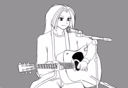 Size: 2863x1975 | Tagged: safe, artist:nairdags, imported from derpibooru, aria blaze, equestria girls, female, gray background, grayscale, guitar, kurt cobain, microphone, monochrome, nirvana, simple background, smiling, solo