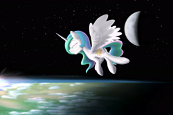 Size: 3000x2000 | Tagged: safe, artist:stillwaterspony, imported from derpibooru, princess celestia, alicorn, pony, atg 2017, eyes closed, female, floating, meditating, moon, newbie artist training grounds, orbit, planet, ponies in space, solo, space, stars