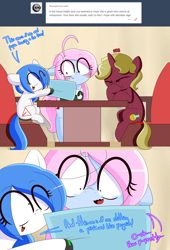 Size: 3390x5000 | Tagged: safe, artist:fullmetalpikmin, imported from derpibooru, oc, oc only, oc:flask, oc:mal, oc:rickety rails, pony, tumblr:ask viewing pleasure, absurd resolution, ask, clothes, restaurant, tumblr