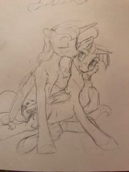 Size: 960x1280 | Tagged: safe, artist:silfoe, imported from derpibooru, princess luna, twilight sparkle, alicorn, pony, other royal book, duo, female, grayscale, kissing, lesbian, monochrome, pencil drawing, shipping, sketch, traditional art, twilight sparkle (alicorn), twiluna