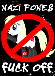 Size: 583x800 | Tagged: safe, artist:accu, artist:batwingcandlewaxxe, edit, imported from derpibooru, oc, oc only, oc:aryanne, earth pony, pony, anti-nazism, antifa, black background, blonde, boots, clothes, comments locked down, dead kennedys, female, grin, heil, mare, nazi, nazi armband, politics, punk, raised hoof, shoes, show accurate, sieg heil, simple background, smiling, socks, solo, song reference, swastika, text, user meltdown in the comments, vulgar