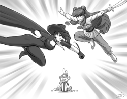 Size: 2000x1566 | Tagged: safe, artist:johnjoseco, imported from derpibooru, spike, dragon, human, cathy weseluck, crossover, cybersix, grayscale, monochrome, ranma 1/2, shampoo (ranma 1/2), voice actor joke