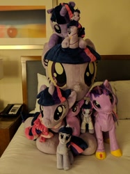 Size: 659x879 | Tagged: safe, artist:equinepalette, artist:flutterplushies, artist:klplushies, artist:plushwaifus, artist:shindeeru, imported from derpibooru, photographer:corpulentbrony, twilight sparkle, alicorn, pony, seapony (g4), bronycon, bronycon 2017, bed, hasbro, hotel, hotel room, irl, multeity, official, photo, plushie, pony pile, robotwi, seaponified, seapony twilight, sparkle sparkle sparkle, species swap, tower of pony, toy, twilight sparkle (alicorn)