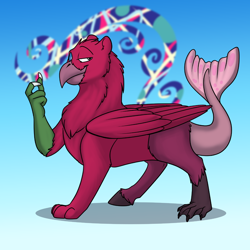 Size: 1000x1000 | Tagged: safe, artist:foxenawolf, imported from derpibooru, oc, oc only, oc:flix, oc:flix (goldfur), draconequus, griffon, fanfic:cosmic lotus, draconequus oc, fanfic, fanfic art, gradient background, male, solo