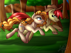 Size: 3264x2448 | Tagged: safe, artist:jack-pie, imported from derpibooru, bright mac, pear butter, pony, the perfect pear, applejack's parents, cowboy hat, cute, female, forest, galloping, hat, husband and wife, male, scenery, signature, stetson, tree