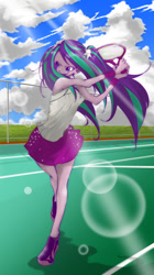 Size: 842x1500 | Tagged: safe, artist:ddd1983, imported from derpibooru, aria blaze, equestria girls, clothes, crepuscular rays, cute, female, legs, pigtails, shoes, skirt, skirt lift, sneakers, sports, tennis, tennis racket, twintails