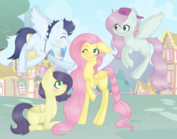 Size: 1024x805 | Tagged: safe, artist:stuffimadeonpaint, deleted from derpibooru, imported from derpibooru, fluttershy, soarin', oc, pegasus, pony, blushing, cute, family, female, jewelry, male, necklace, one eye closed, parent:fluttershy, parent:soarin', ponyville, shipping, shyabetes, soarinshy, straight