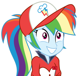 Size: 2956x2856 | Tagged: safe, artist:sketchmcreations, imported from derpibooru, rainbow dash, epic fails (equestria girls), eqg summertime shorts, equestria girls, clothes, embarrassed, hat, name tag, sheepish grin, simple background, transparent background, uniform, vector